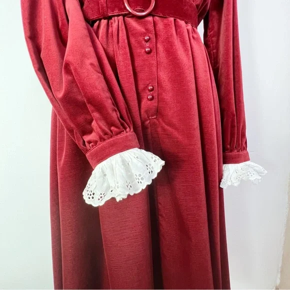 Vintage 70s/80s Jaeger Rust Red Cord Button Down Dress Lace Collar & Cuffs UK 10 - Picture 3 of 9